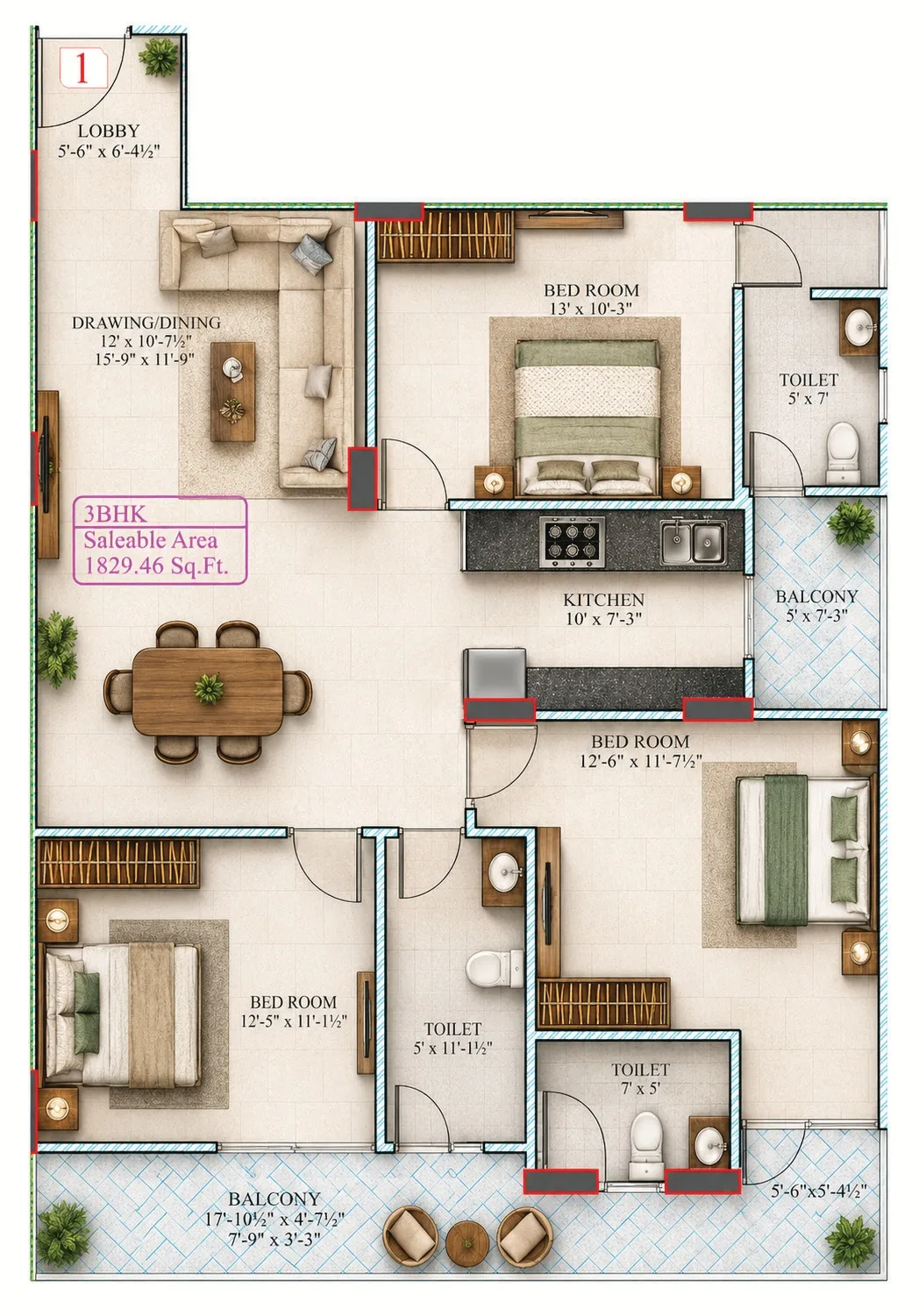Unit 1 3 BHK floor plan