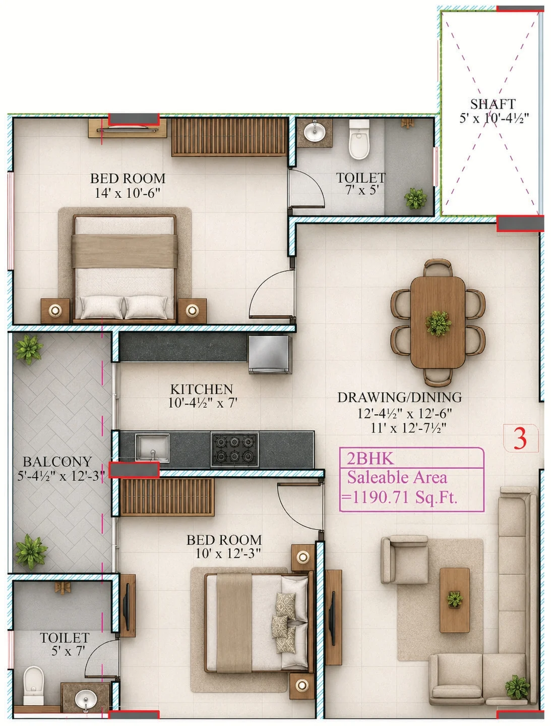 Unit 3 2 BHK floor plan