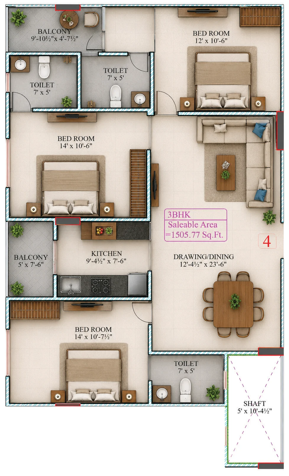 Unit 4 3 BHK floor plan