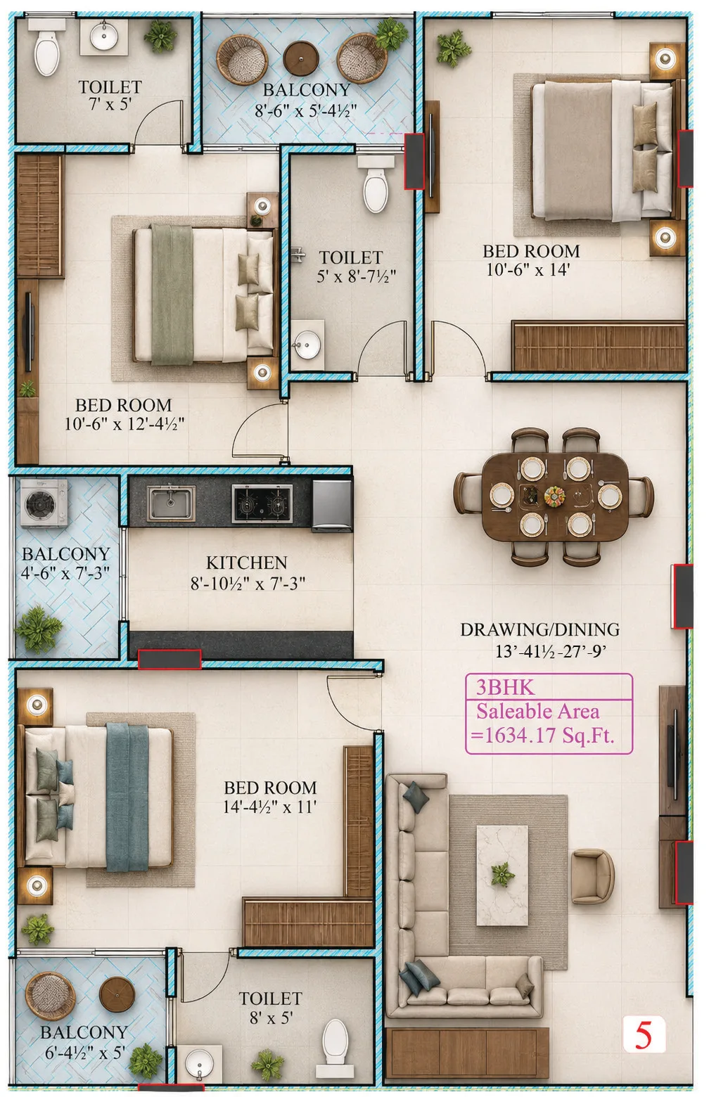 Unit 5 3 BHK floor plan