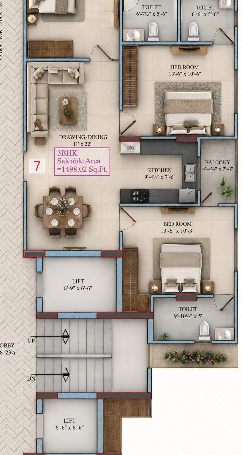 Unit 7 3 BHK floor plan