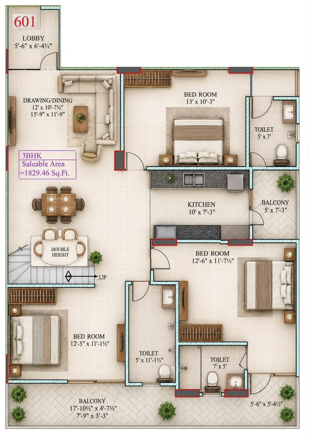 Unit 601 3 BHK floor plan