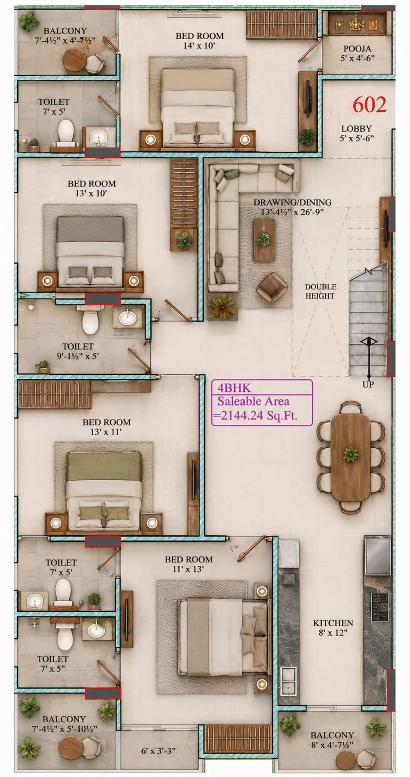 Unit 602 4 BHK floor plan