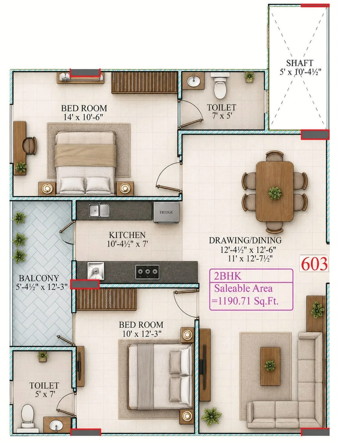 Unit 603 2 BHK floor plan
