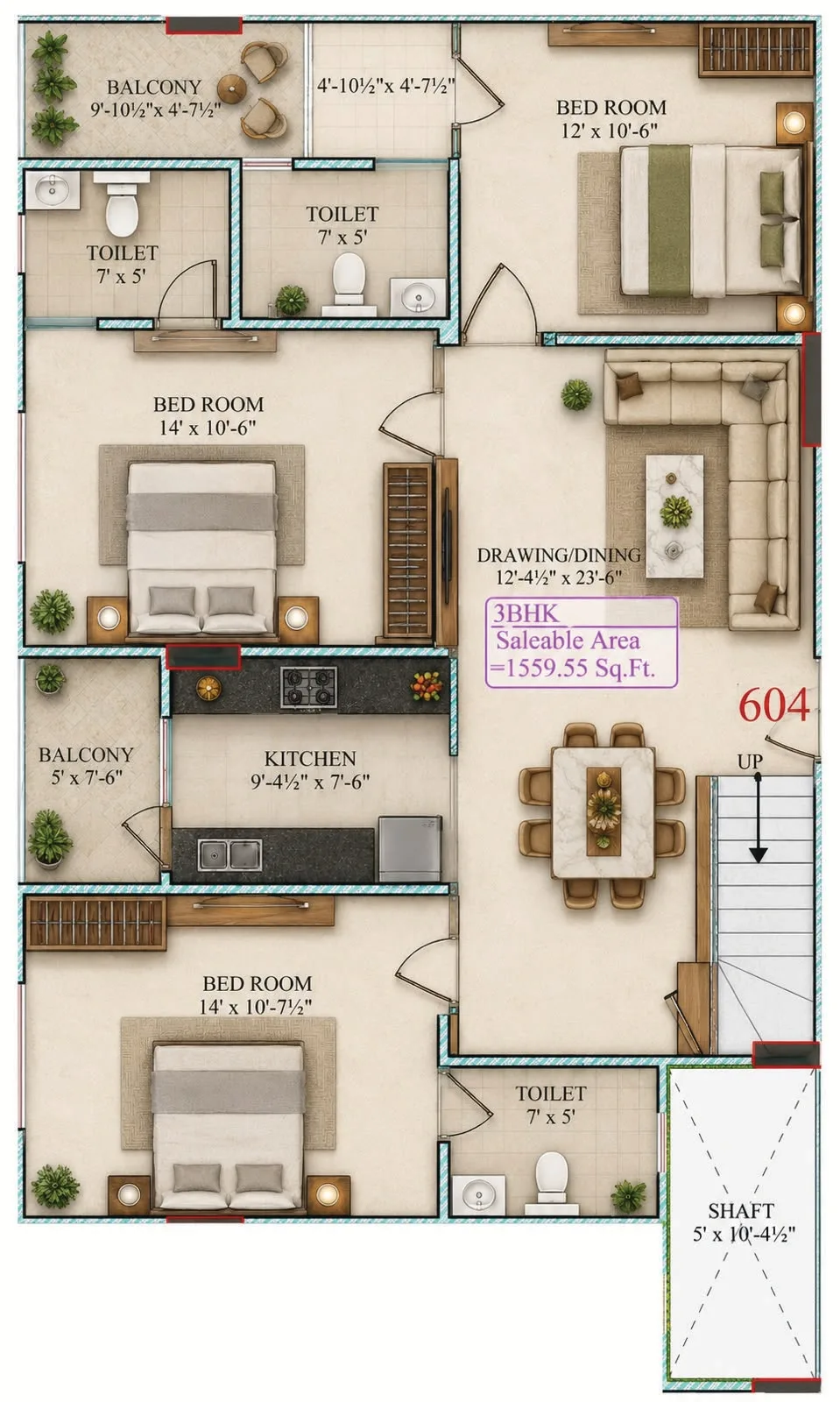 Unit 604 3 BHK floor plan