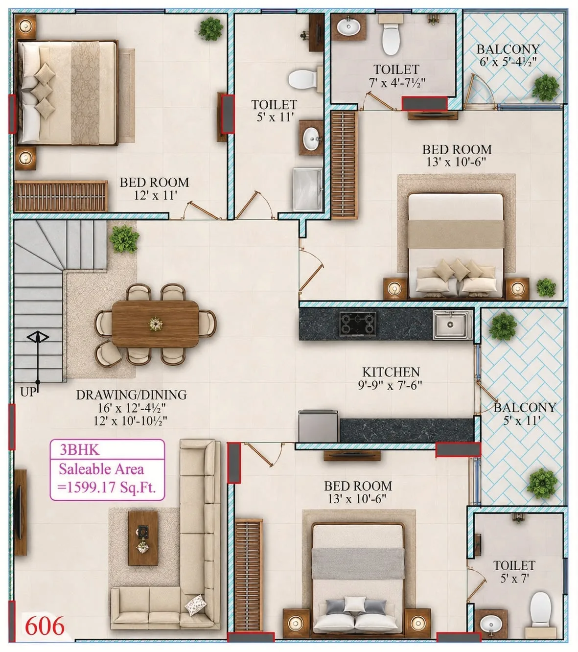 Unit 606 3 BHK floor plan