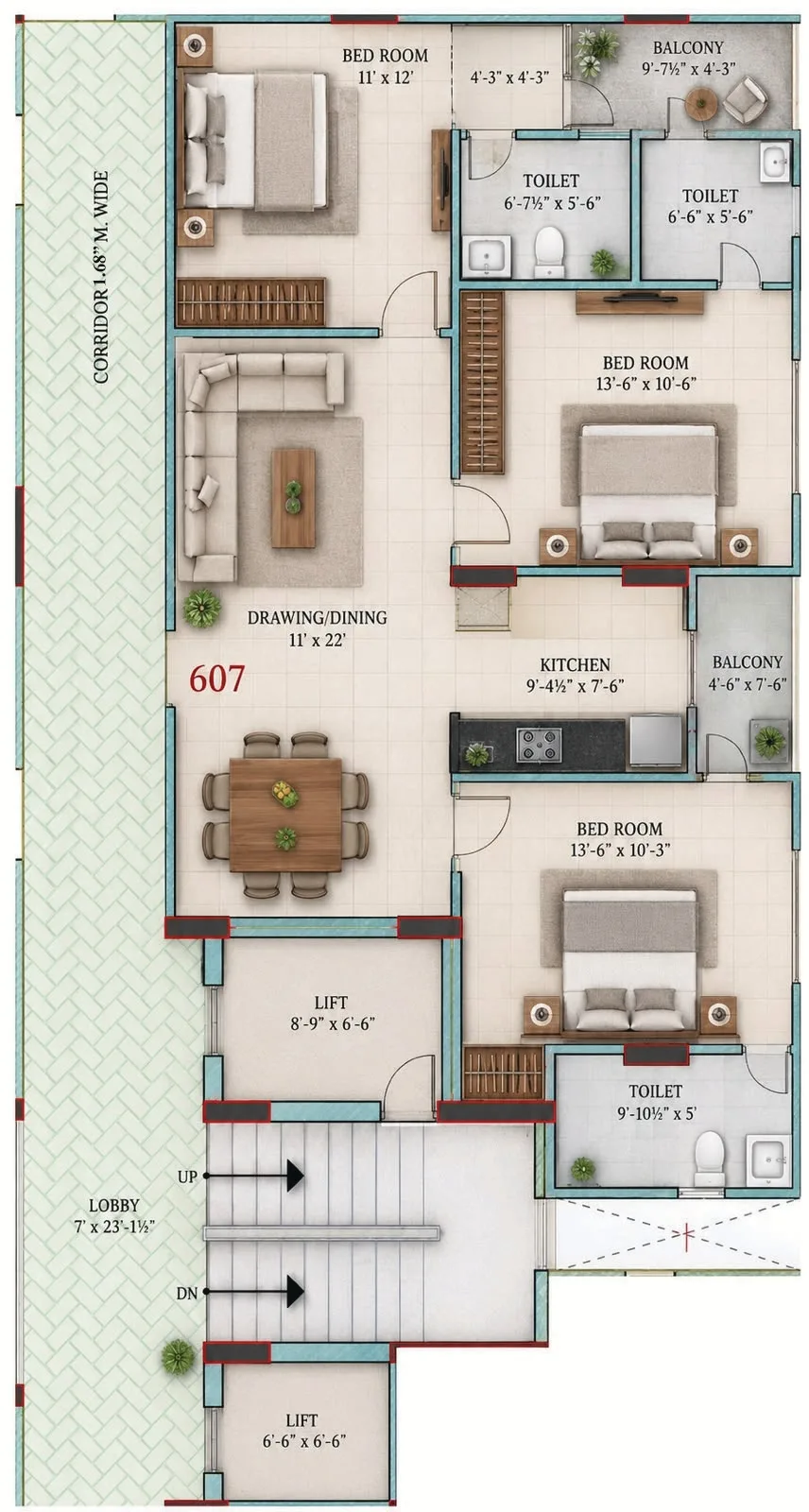 Unit 607 3 BHK floor plan